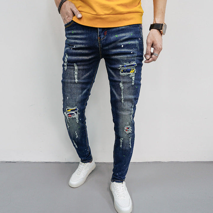 Herren Skinny Fit Jeans mit kreativen Farbklecksen und Rissdesign Drune