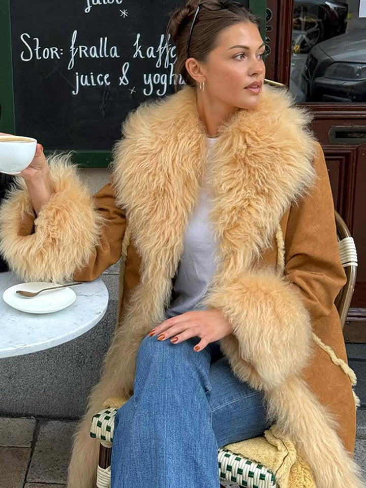 Damen Langer Shearling‑Imitatmantel mit voluminösem Schalkragen und Plüschmanschetten Drune
