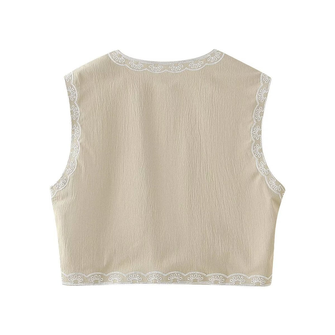 Damen nan bestickte Kurz-Weste mit floraler Stickerei, offener Front und feiner Saumverzierung Drune