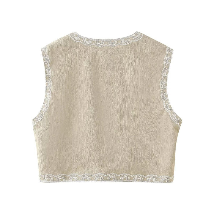 Damen nan bestickte Kurz-Weste mit floraler Stickerei, offener Front und feiner Saumverzierung Drune