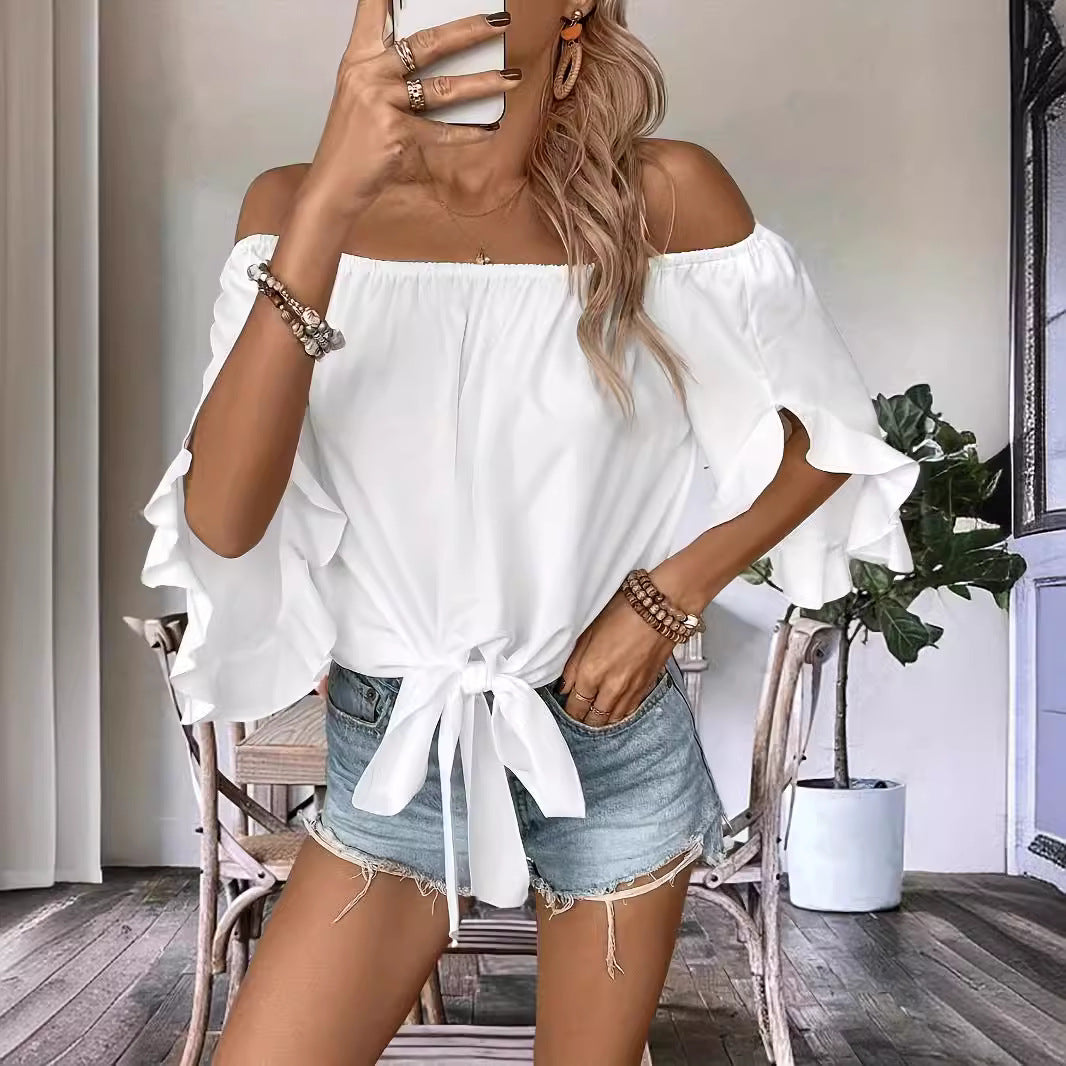 Damen Off-Shoulder-Bluse mit Rüschendetails und Taillenbindung Drune