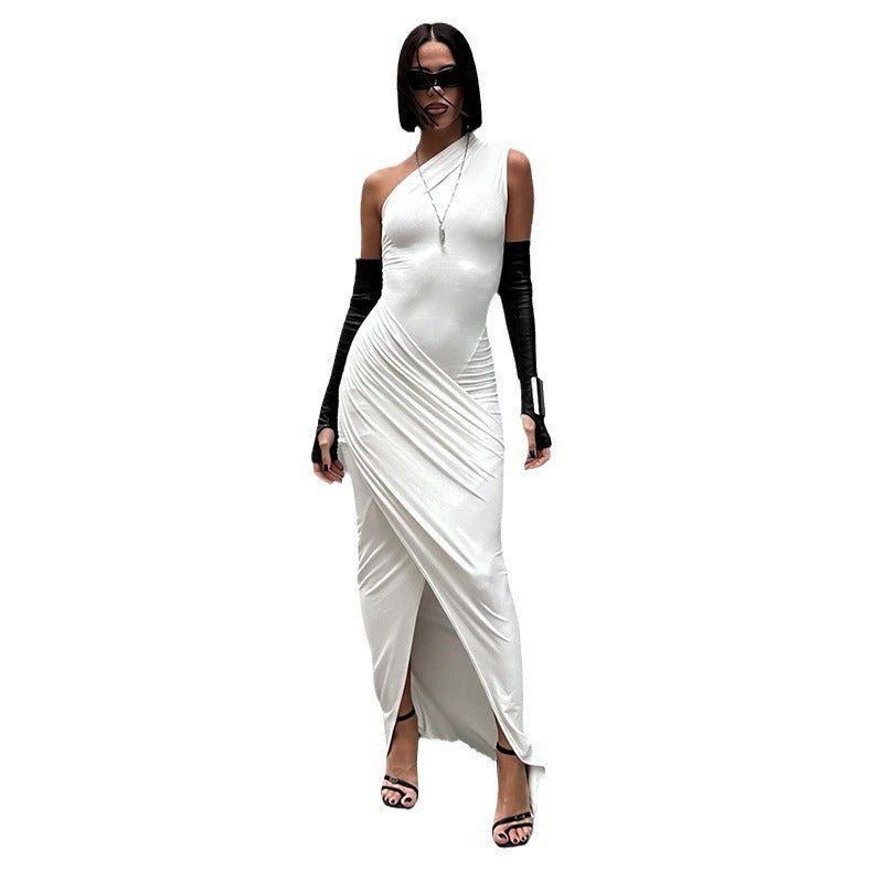Damen elegantes Bodycon Abendkleid mit asymmetrischem Ausschnitt und Schlitz Drune