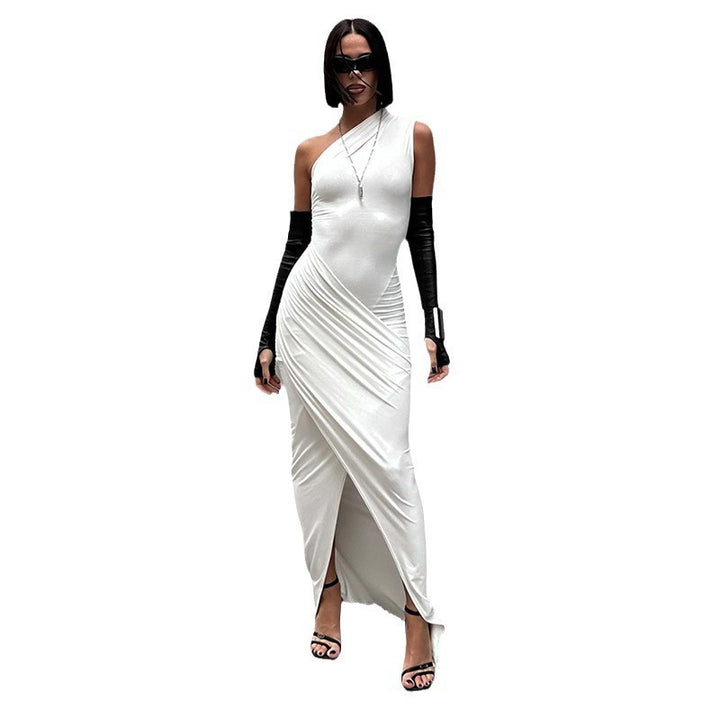 Damen elegantes Bodycon Abendkleid mit asymmetrischem Ausschnitt und Schlitz Drune