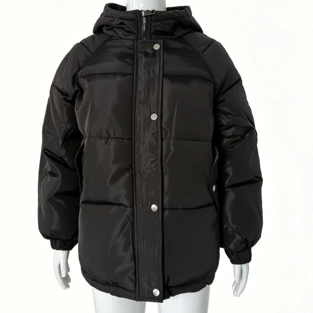 Damen Oversize-Steppmantel mit Kapuze, Druckknopfleiste und elastischem Saum Drune