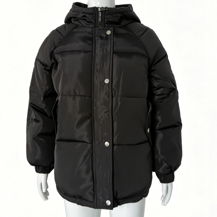 Damen Oversize-Steppmantel mit Kapuze, Druckknopfleiste und elastischem Saum Drune