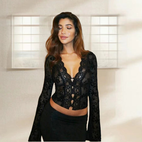 Damen Spitzenbluse mit Leopardmuster und romantischen Rüschen Drune