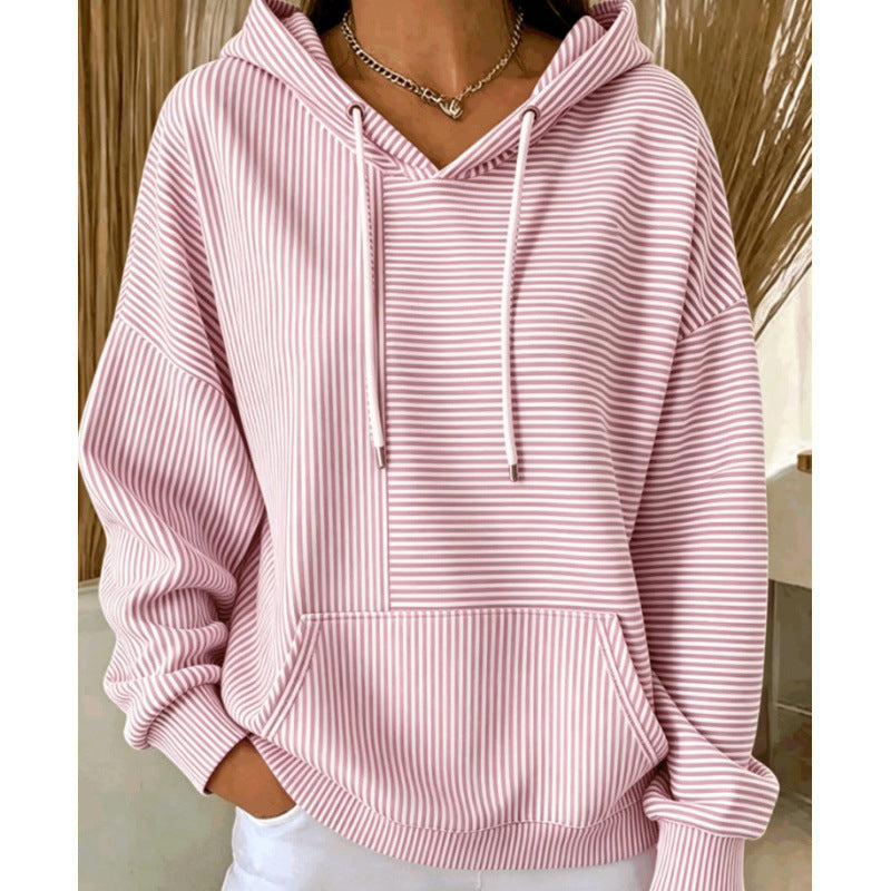 Damen Oversize Kapuzenpullover mit feinem Streifenprint, Kängurutasche und V-Ausschnitt-Kapuze Drune