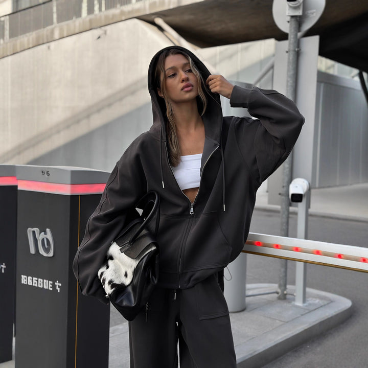 Damen bequeme und lässige Kapuzenjacke mit weitem Schnitt und passenden Jogginghosen Drune