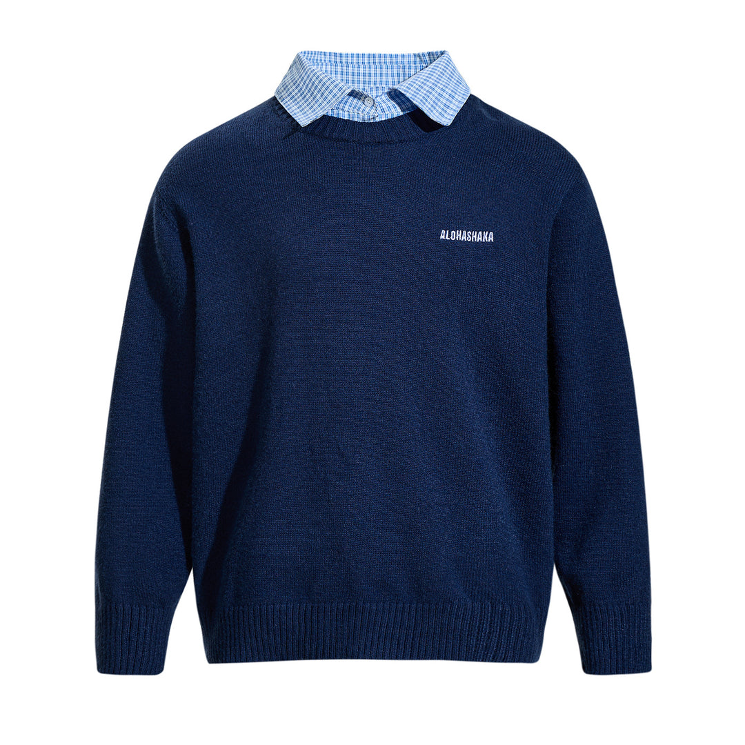Herren Rundhalspullover mit eingesticktem Logo und Layer‑Hemdkragen Drune