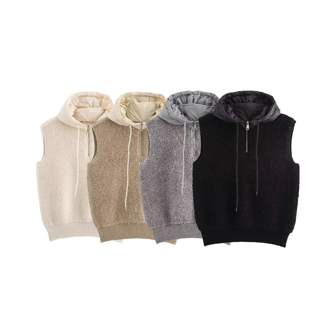 Damen Ärmellose Strickweste mit gesteppter Kapuze und halbem Reißverschluss Drune