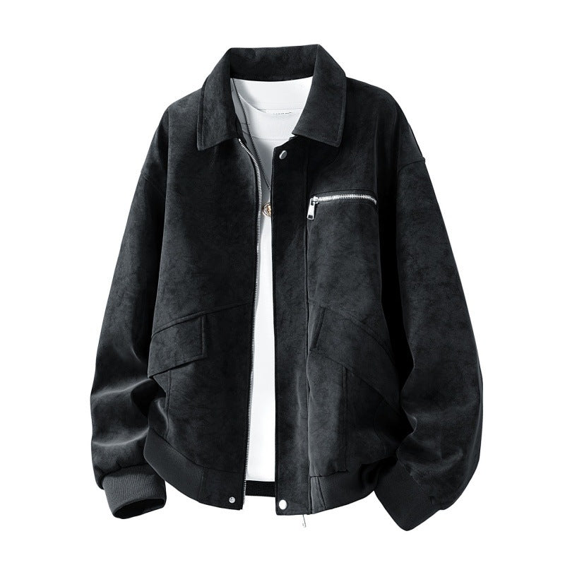 Herren Boxy-Blousonjacke im Veloursleder‑Look mit Brustreißverschluss, Pattentaschen & geripptem Saum Drune