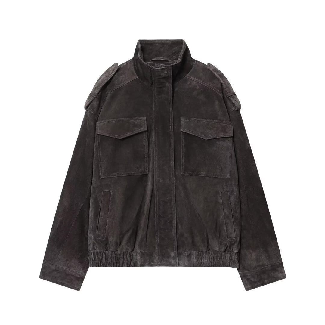 Damen Wildleder-Fieldjacke mit Stehkragen, Epauletten und aufgesetzten Brusttaschen Drune