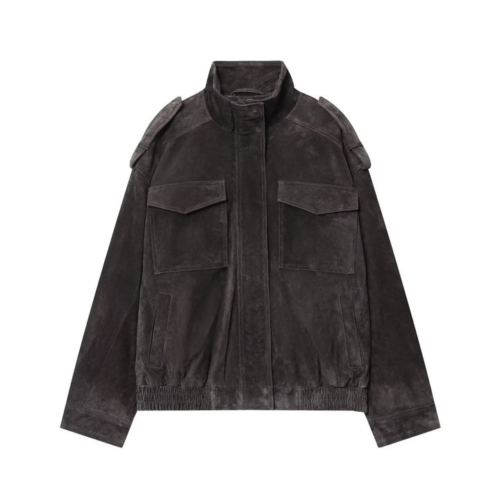 Damen Wildleder-Fieldjacke mit Stehkragen, Epauletten und aufgesetzten Brusttaschen Drune
