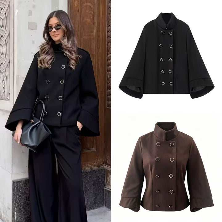 Damen Kurzjacke im Doppelreiher mit Stehkragen, taillierter Silhouette und Glockenärmeln Drune