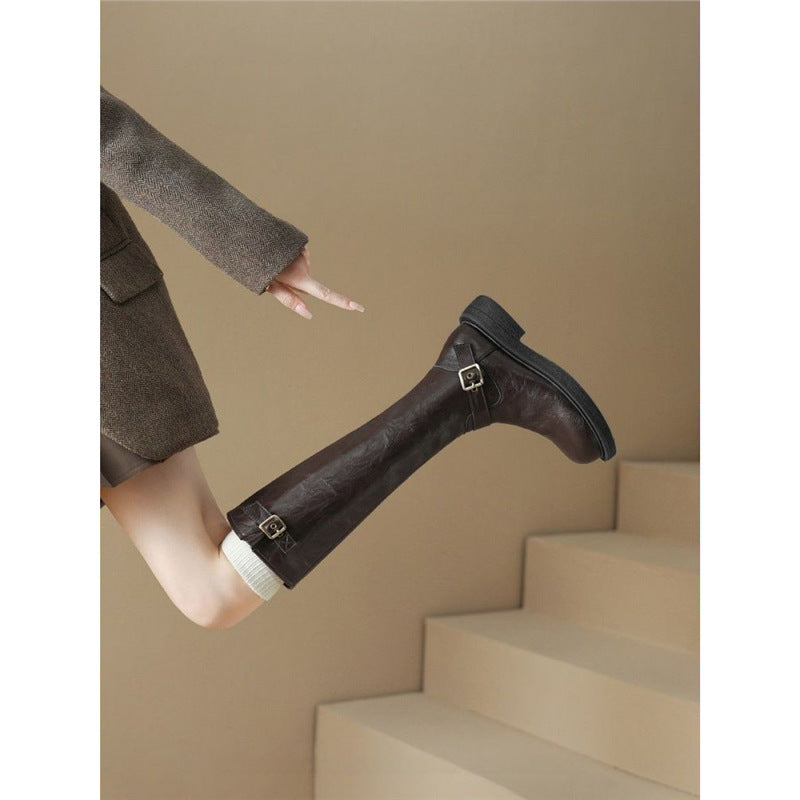 Damen Kniehohe Combat‑Stiefel mit glatter Lederoptik, seitlichem Reißverschluss und Deko‑Schnallen Drune