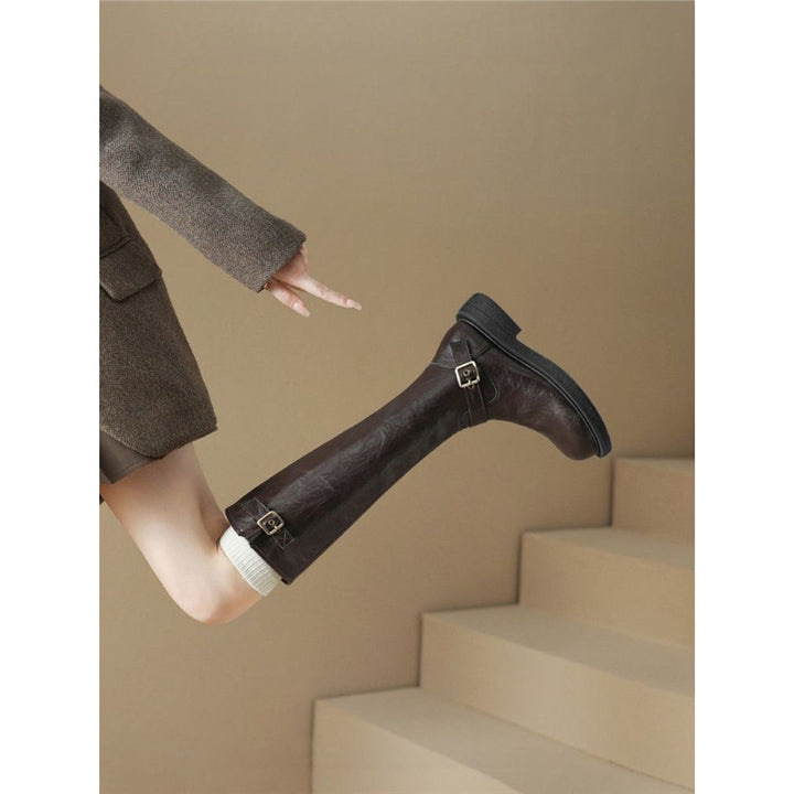 Damen Kniehohe Combat‑Stiefel mit glatter Lederoptik, seitlichem Reißverschluss und Deko‑Schnallen Drune