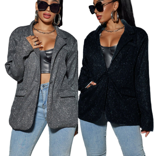 Damen Glitzernder Oversize-Blazer mit Pattentaschen & schimmernder Struktur Drune