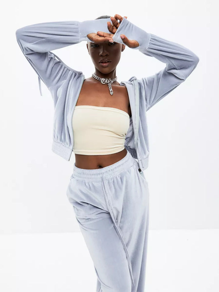 Damen Velours-Cropped-Hoodie und High-Waist Palazzo-Jogginghose Set Drune