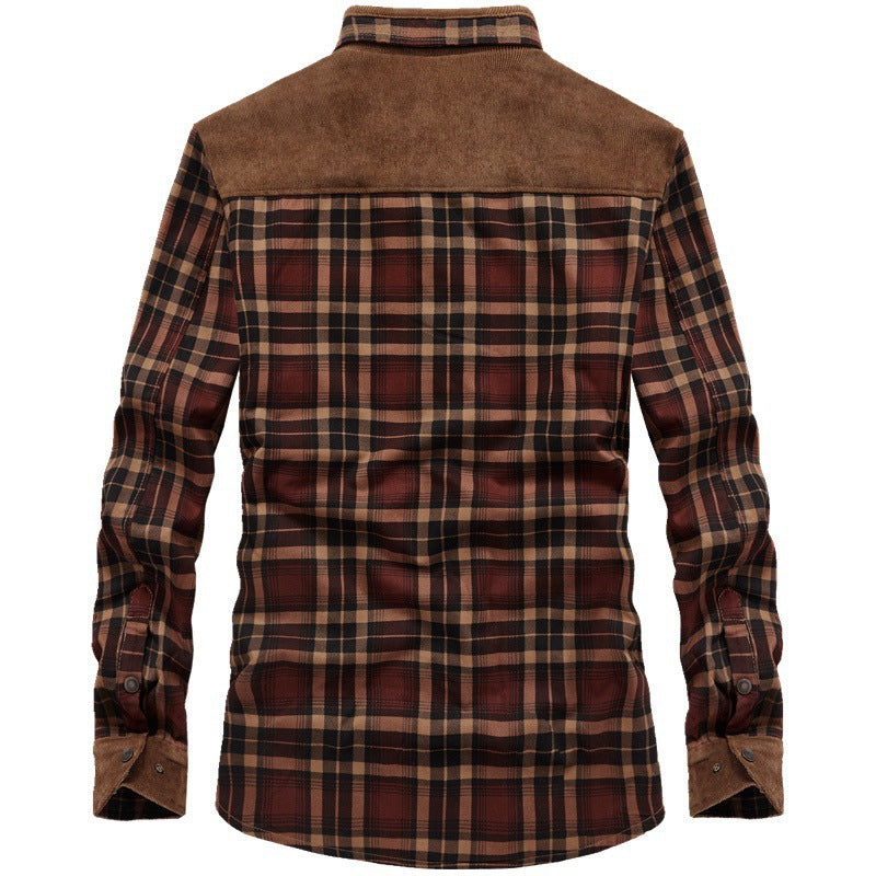 Herren karierte Thermo‑Hemdjacke mit Teddyfutter und Cord‑Schulterpasse Drune