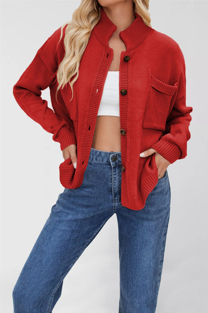 Damen Strickjacke mit Stehkragen und aufgesetzter Tasche Drune