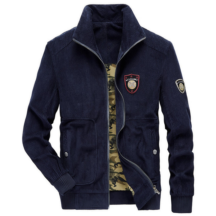 Herren Kordjacke mit Reißverschluss, Stehkragen und Camouflage-Futter Drune