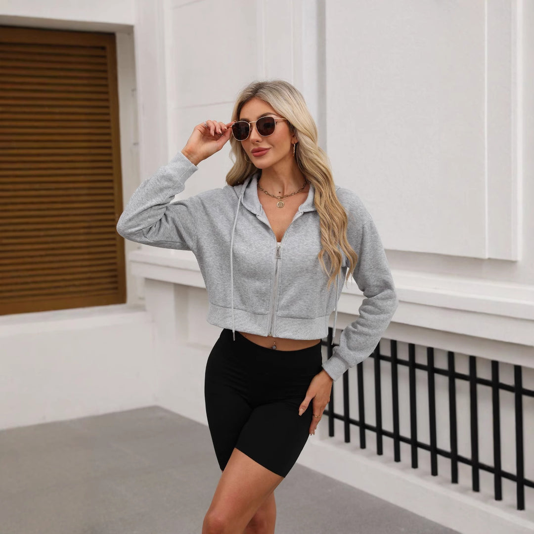 Damen Kurze Zip‑Hoodie Jacke mit Kapuze, Gummibund und Rippbündchen Drune