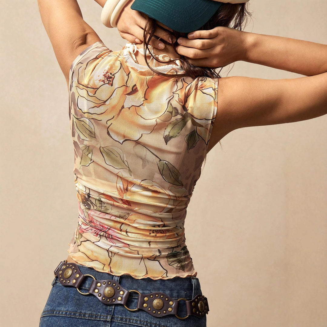 Damen nan figurnahes Mesh-Top mit floralem Aquarellprint, Stehkragen und seitlicher Raffung Drune