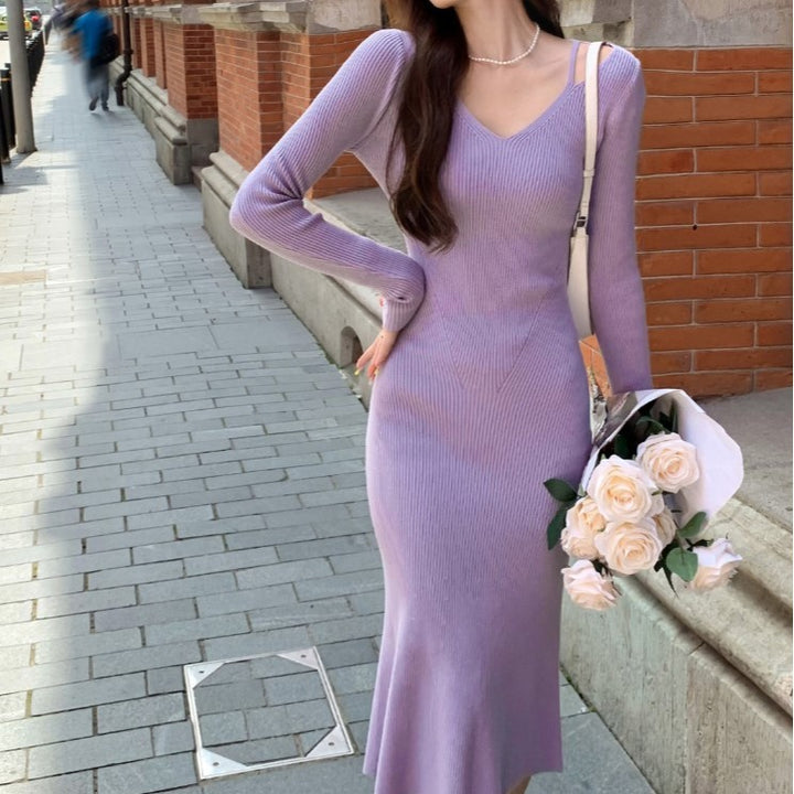Damen elegantes Strickkleid mit V-Ausschnitt und schwingendem Rock Drune