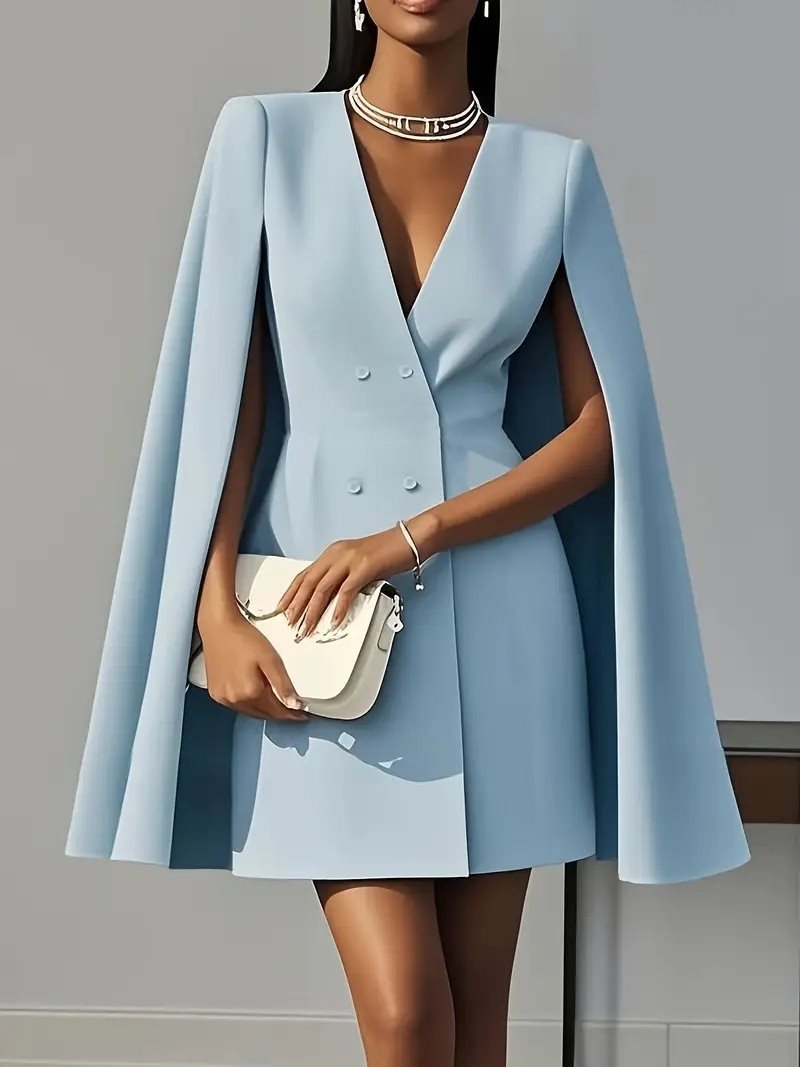 Damen Cape-Blazer-Kleid mit Doppelreihe und tiefem V-Ausschnitt Drune