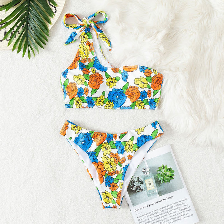 Damen Einseitiger Bikini mit floralem Design und verstellbarem Träger Drune
