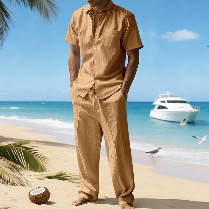 Herren nan resort-taugliches Kurzarm-Hemd mit Brusttasche und lässiger Leinen-Kordelhose Drune