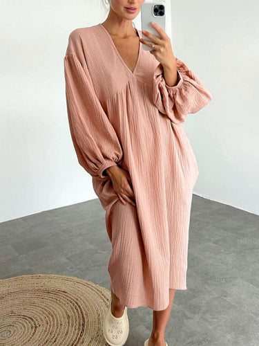 Damen lässiges Oversized-Kleid mit voluminösen Ärmeln und V-Ausschnitt Drune