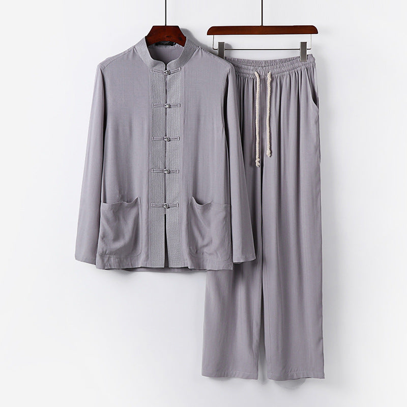 Herren Traditionelles Baumwoll-Loungewear-Set mit Stehkragen Knotenknöpfen und Kordelbundhose Drune