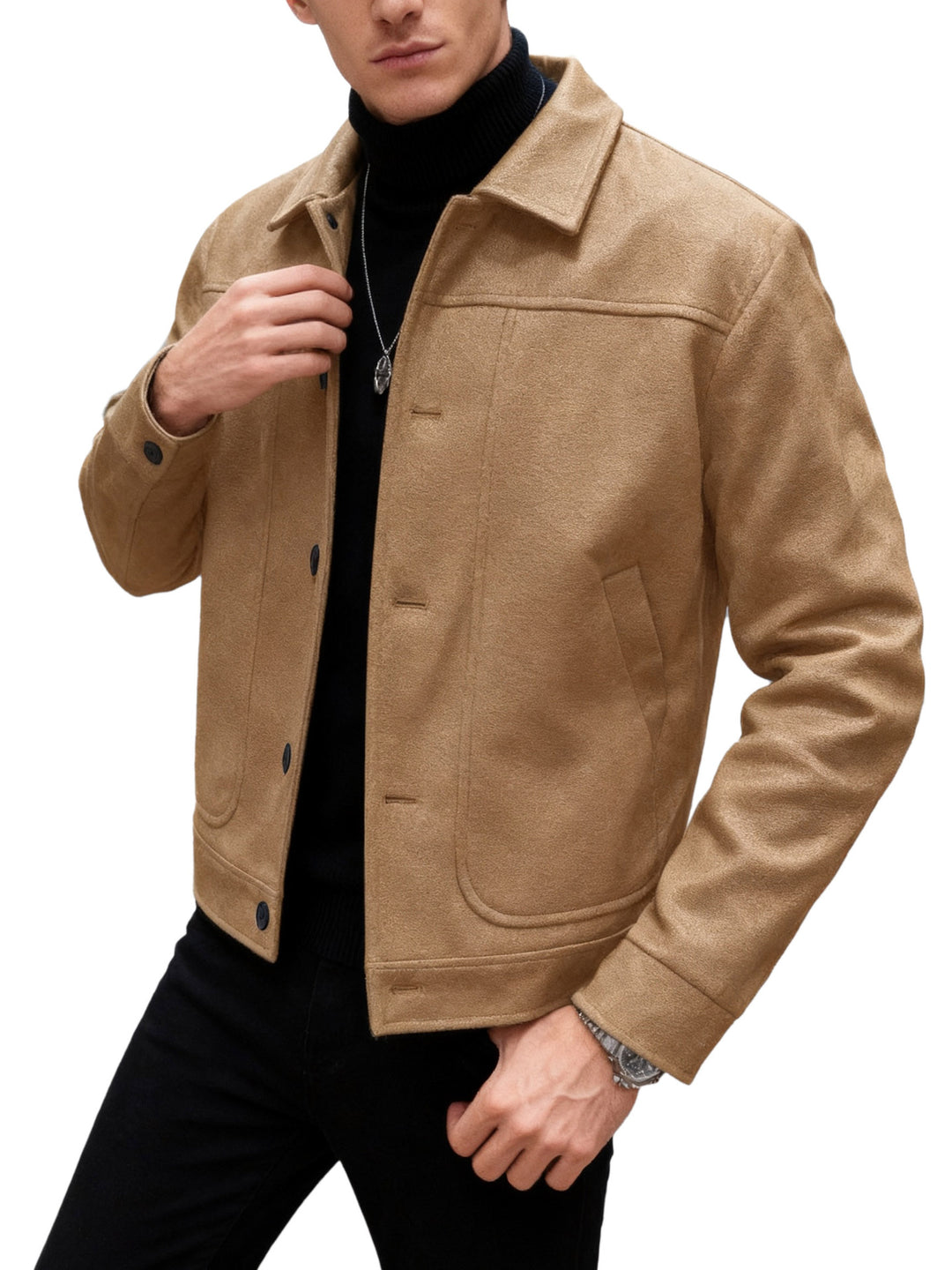 Herren nan moderner Trucker-Overshirt aus Velourslederimitat mit Ziernähten und aufgesetzten Taschen Drune
