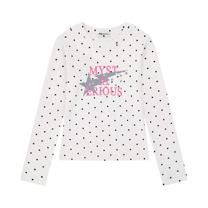 Damen Langarmshirt mit V-Ausschnitt, Polka-Dots und Statement-Print aus Baumwolljersey Drune