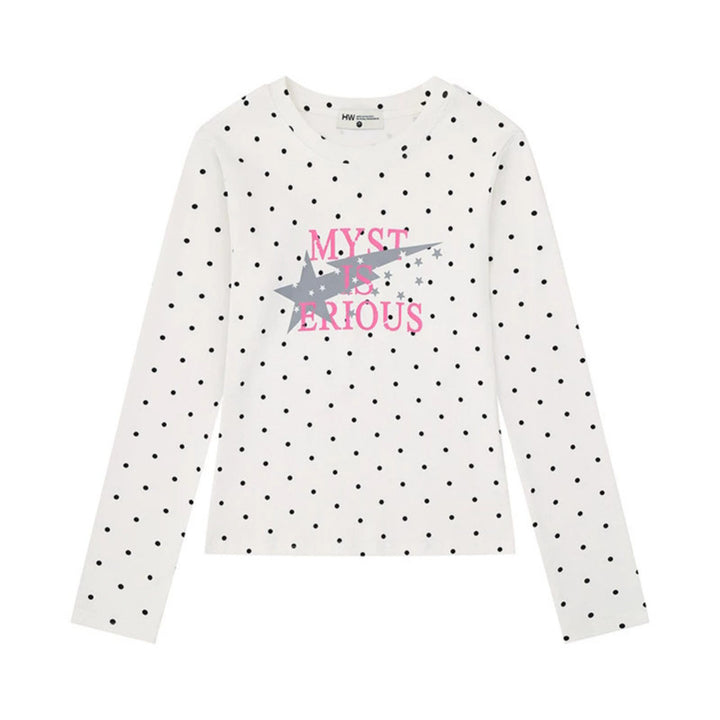 Damen Langarmshirt mit V-Ausschnitt, Polka-Dots und Statement-Print aus Baumwolljersey Drune