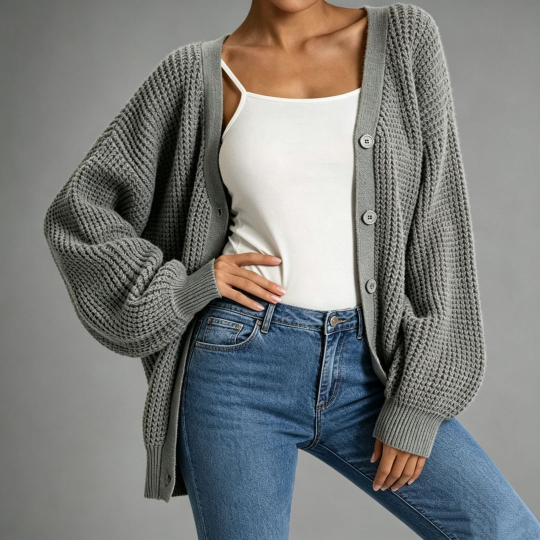 Damen Oversize Grobstrick-Cardigan mit Ballonärmeln und Knopfleiste Drune