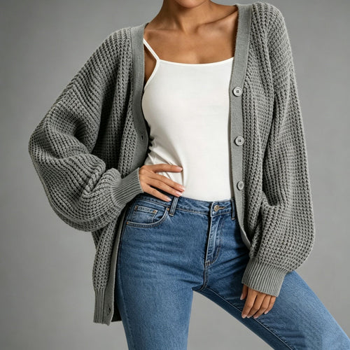 Damen Oversize Grobstrick-Cardigan mit Ballonärmeln und Knopfleiste Drune