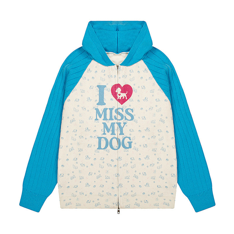 Damen Kapuzen‑Strickjacke mit durchgehendem Reißverschluss, gerippten Ärmeln und Hunde‑Statement‑Print Drune
