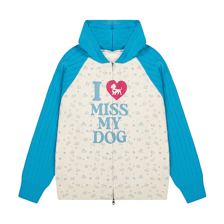 Damen Kapuzen‑Strickjacke mit durchgehendem Reißverschluss, gerippten Ärmeln und Hunde‑Statement‑Print Drune