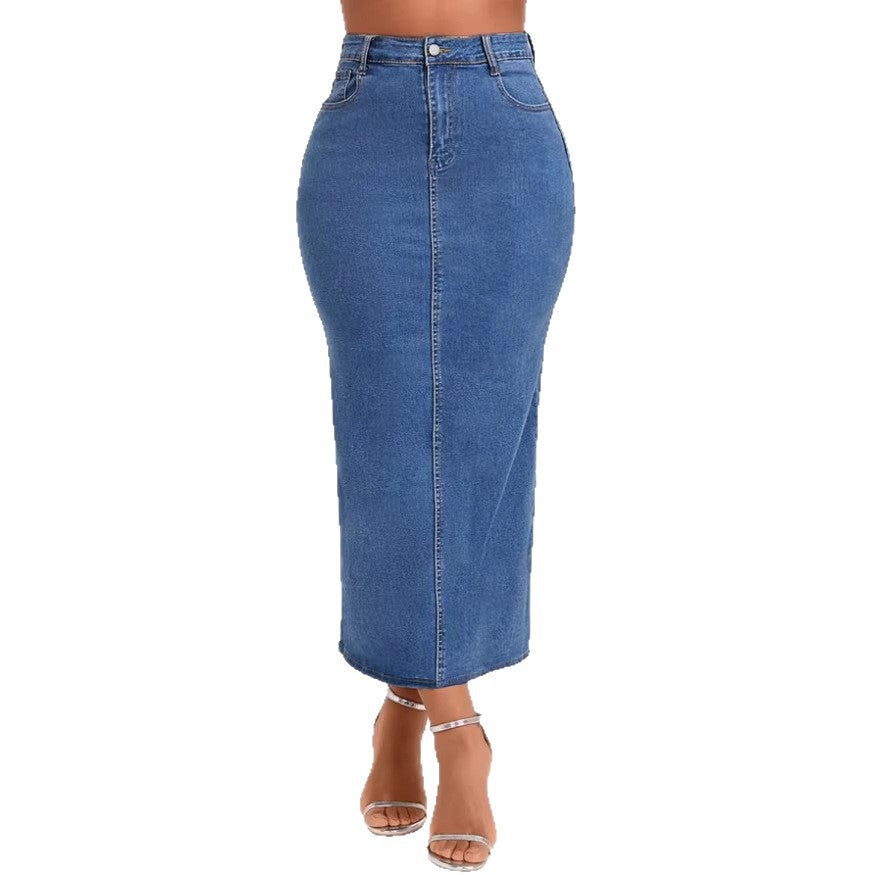 Damen Taillenhoher Stretch-Denim-Midirock mit sichtbarer Mittelnaht und Five-Pocket-Design Drune