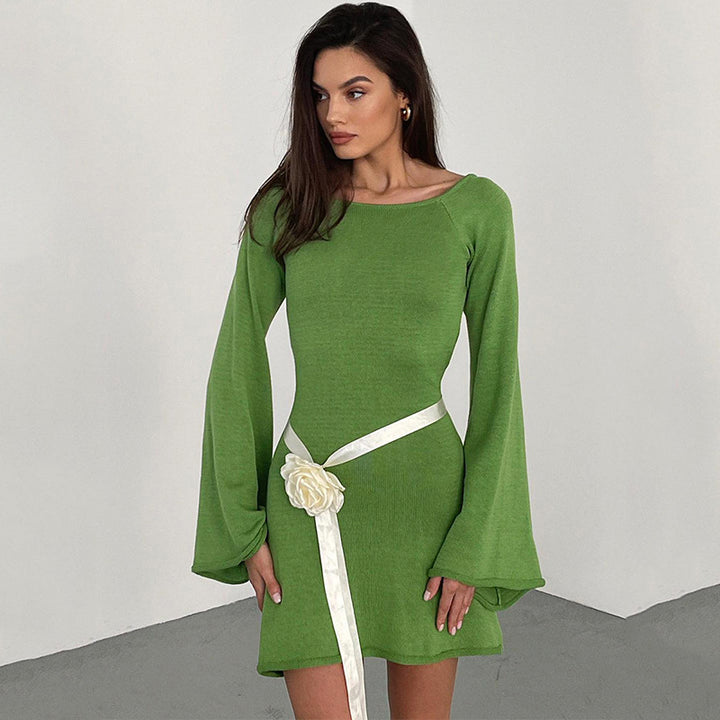 Damen Figurbetontes Feinstrick-Minikleid mit ausgestellten Trompetenärmeln Drune