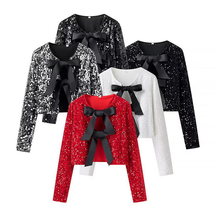 Damen nan glitzernde Cropped-Bolerojacke mit Paillettenbesatz und dekorativen Satinschleifen Drune