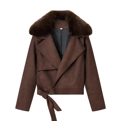 Damen nan kurze Veloursoptik-Jacke mit breitem Teddykragen und Bindegürtel Drune