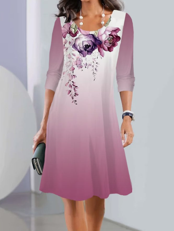 Damen A-Linien Kleid mit floralem Druck, U-Ausschnitt, Dreiviertelärmel und sanftem Ombre Drune