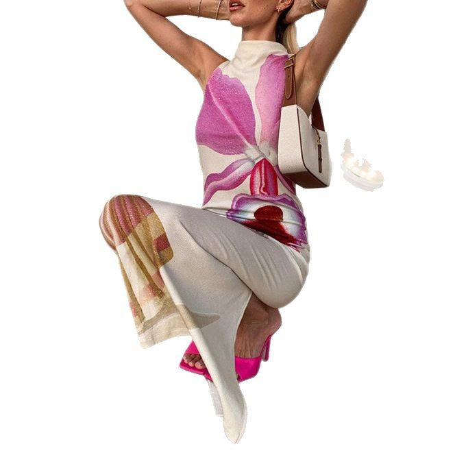 Damen Langarm Kleid mit elegantem Blumenmuster und hohem Kragen Drune