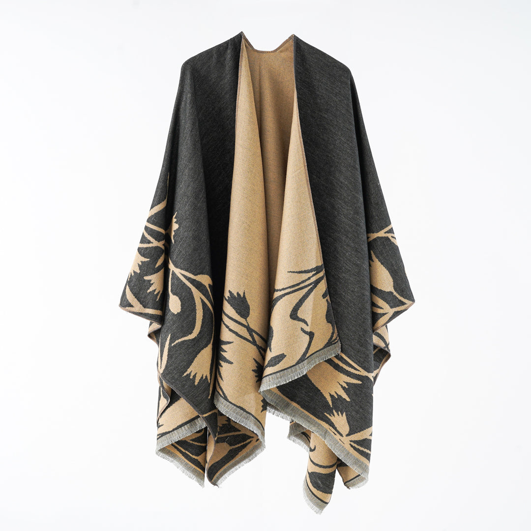Damen Edler Wendbarer Ruana-Überwurf im Double-Face Wollmix mit floralem Jacquard Drune