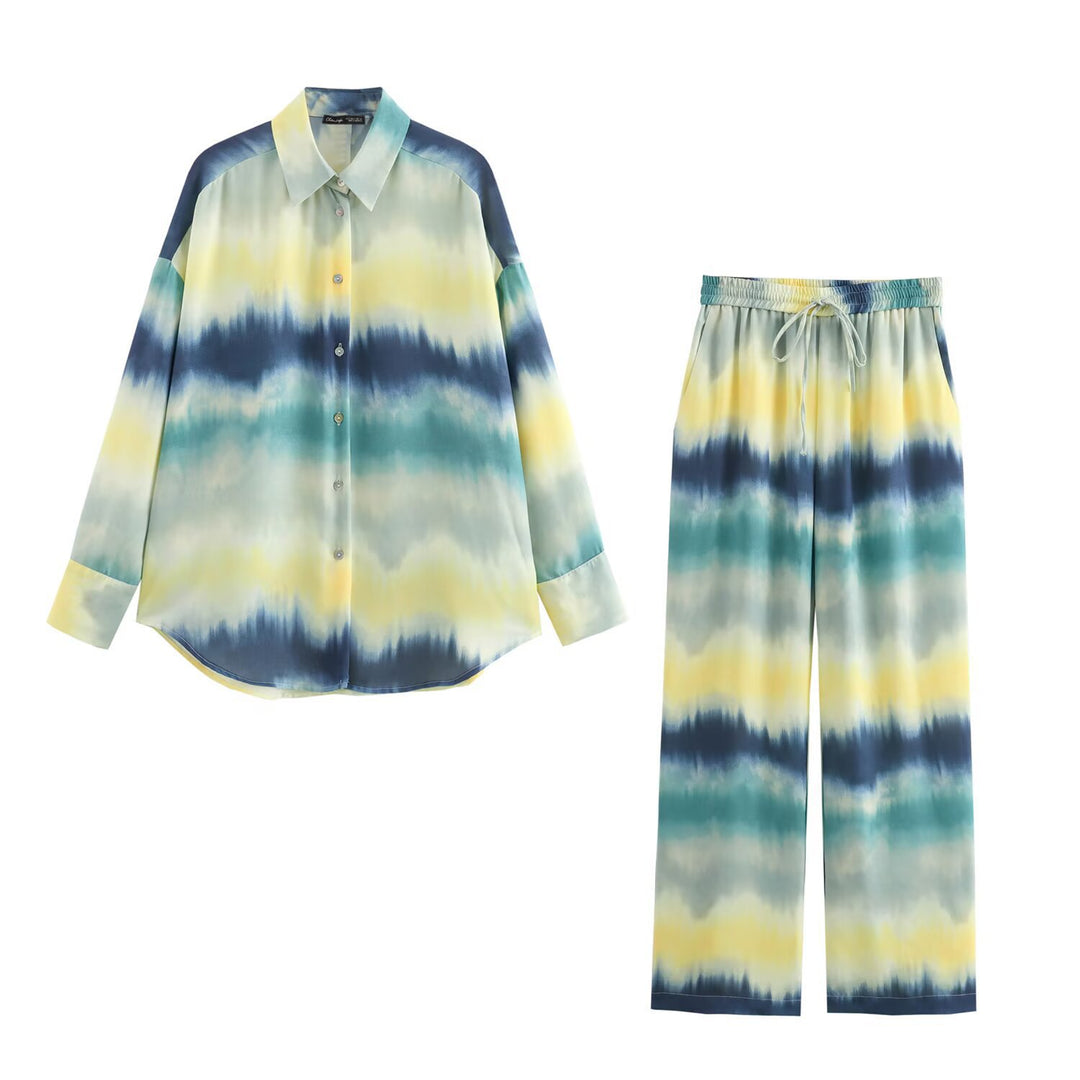 Damen Weite Palazzo-Loungehose mit Elastikbund, Tunnelzug und Aquarell‑Print Drune