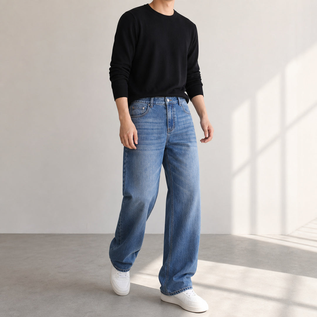 Damen Weite High-Waist-Denimhose mit weitem Bein und Vintage-Waschung Drune