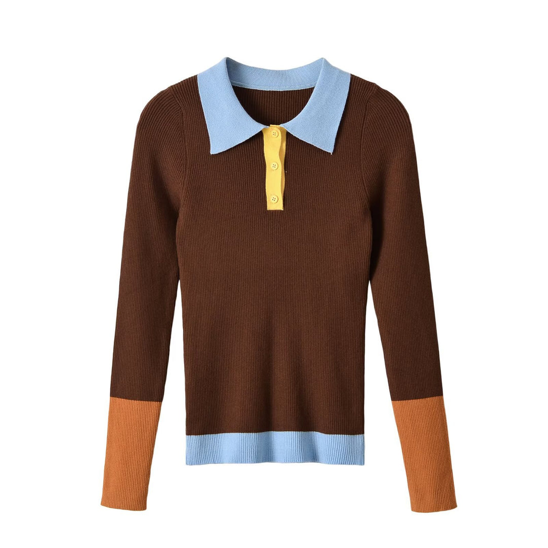 Damen Figurbetonter Rippstrick-Pullover mit Polokragen, Knopfleiste und Colorblock-Details Drune